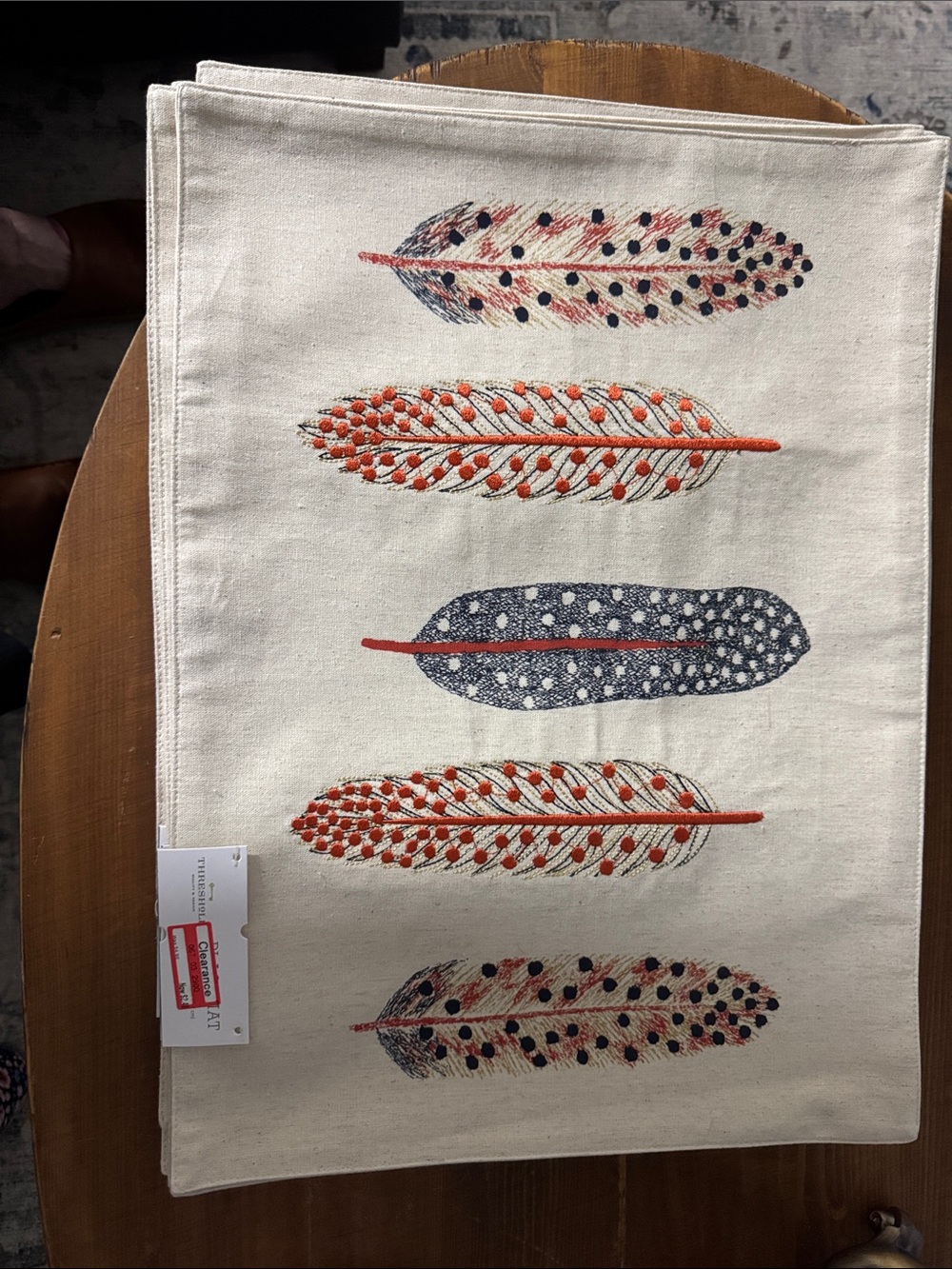 Embroidered Feather Placemats - Cream with Orange & Navy